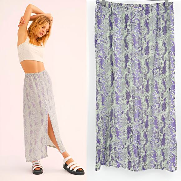 Free People FP Womens Katie Button Down Snakeskin Printed‎ Midi Skirt XS Purple - Picture 1 of 8